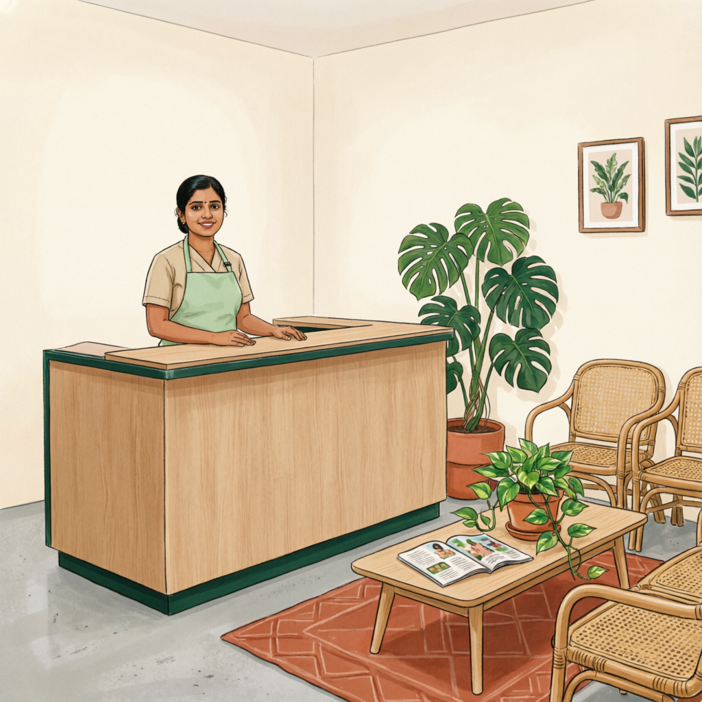 Illustration of a welcoming clinic reception and waiting area